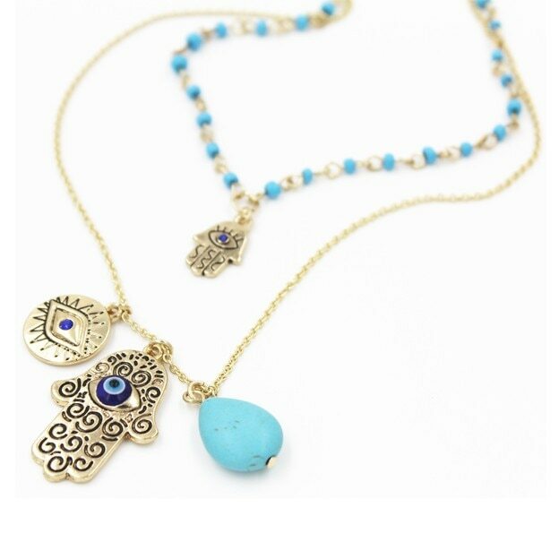 ZARD Evil Eye Hamsa Hand Turquoise Gem Charm Pendant Layered Necklace