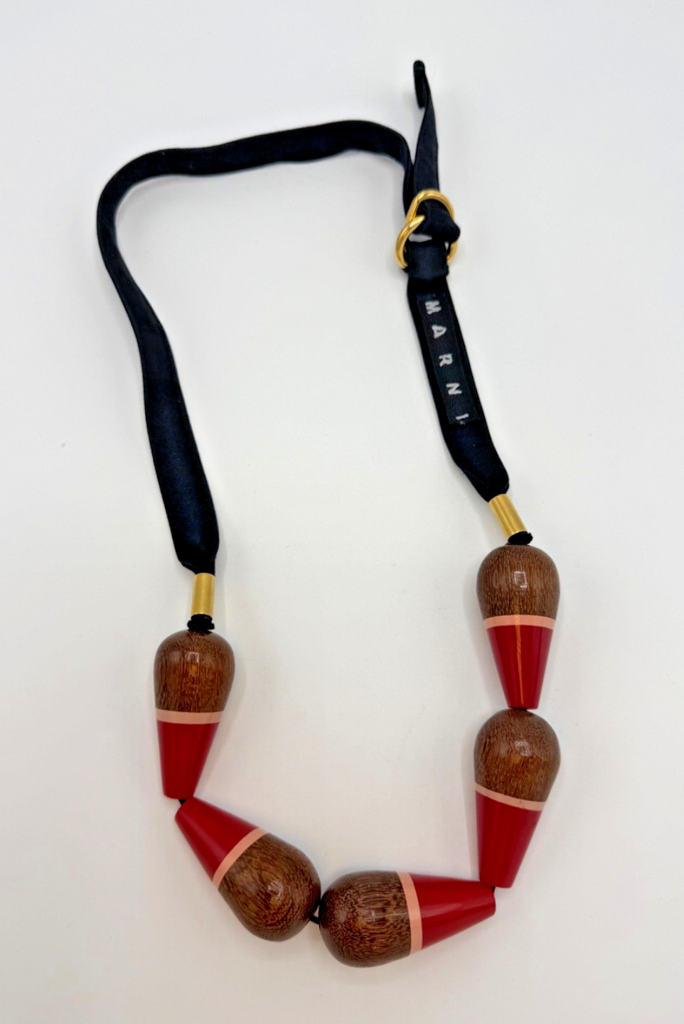 MARNI High Gloss Wooden Bead D-Ring Ribbon Necklace, COSUELO CASTIGLIONI Era VTG