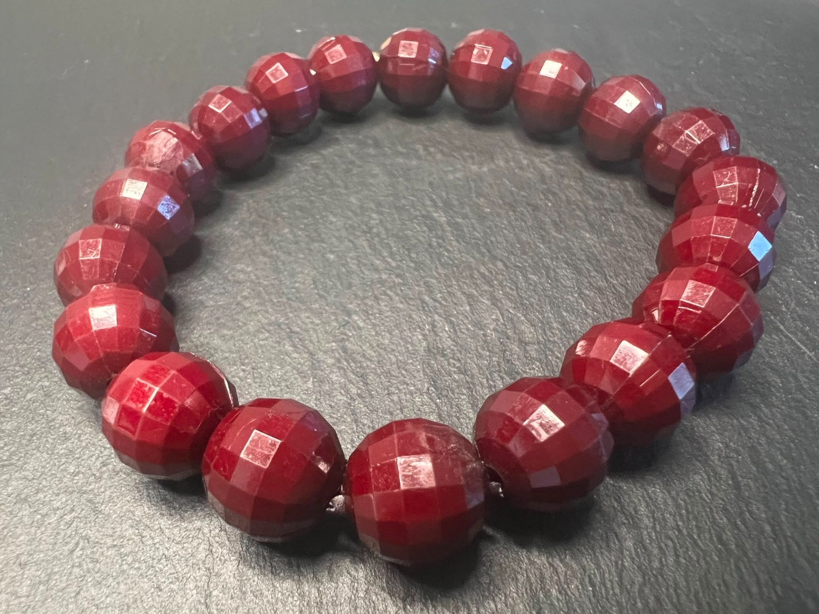 Red Faceted Art Glass Stretch Bracelet Ruby Garnet Wine Bead Bracelet 23cm Vinta