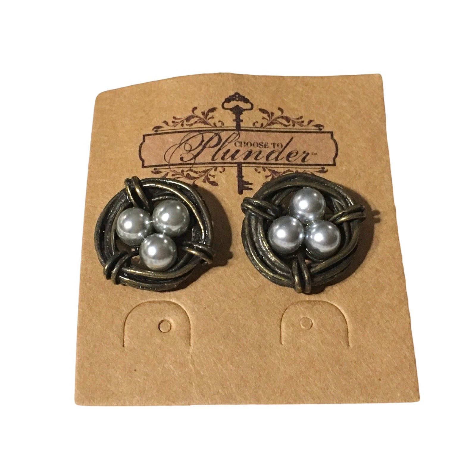 Plunder Bronze Tone 3D Bird Nest Gray Pearl Eggs Necklace And Earrings Set 17”