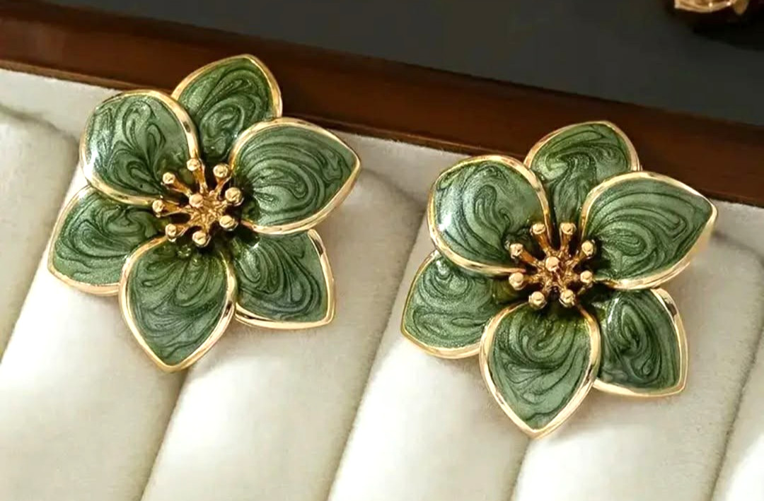 Green Swirled Flower Enamel Earrings Gold Toned Next Day Shipping 1.2″