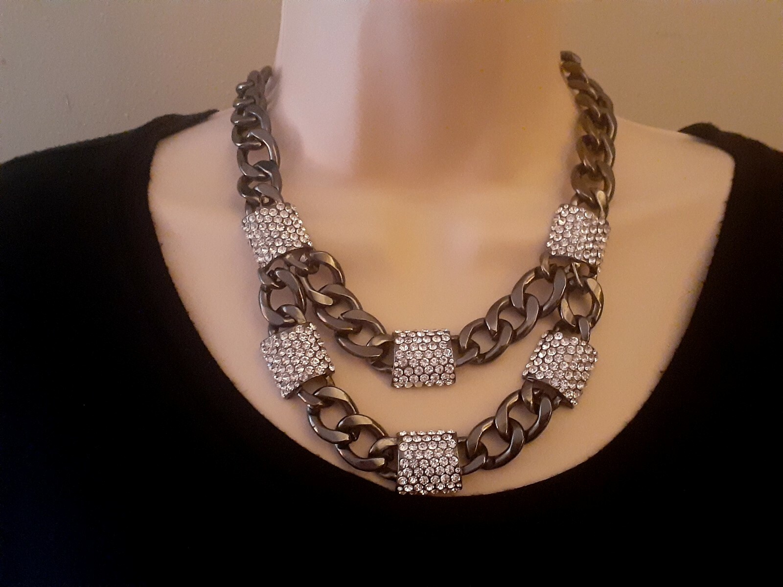 Gun Metal Grey Multi Oval Link Rhinestone Statement double strand necklace. 21″