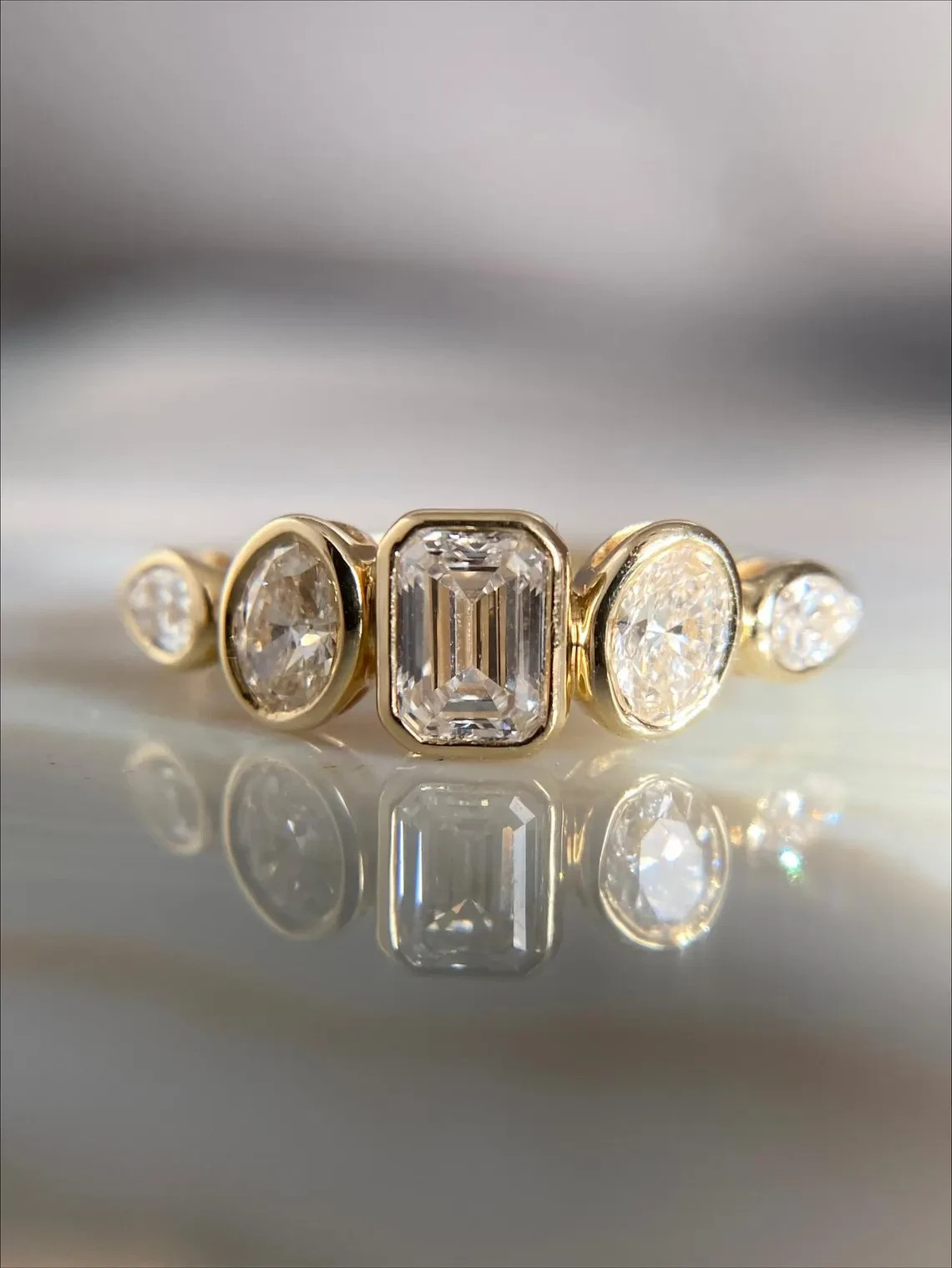 1 CT Emerald Cut Bezel Five Stone Moissanite Wedding Ring 14K Yellow Gold Plated