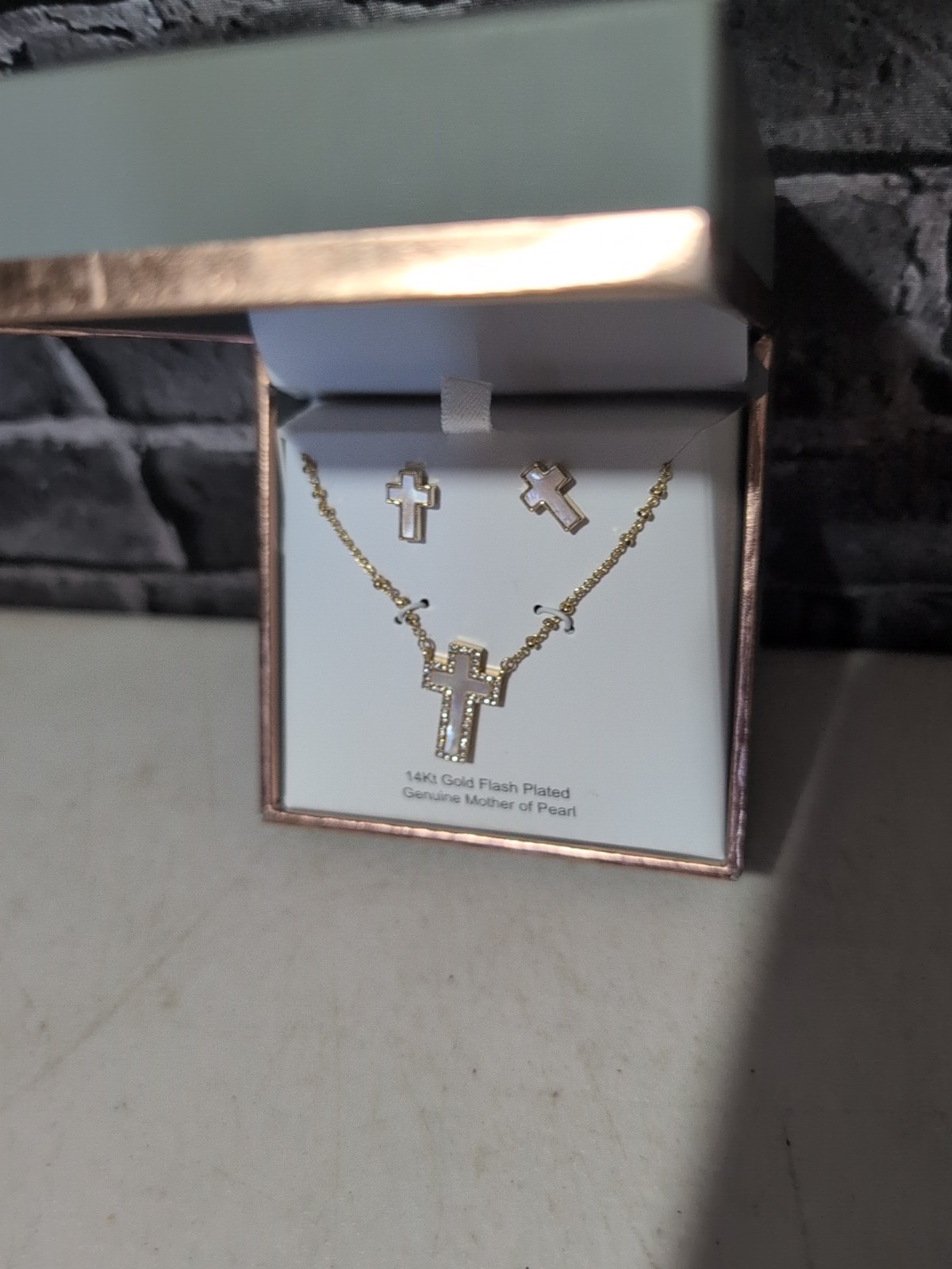 14kt Gold Flash Plated Pearl Cross Necklace & earring. New S4