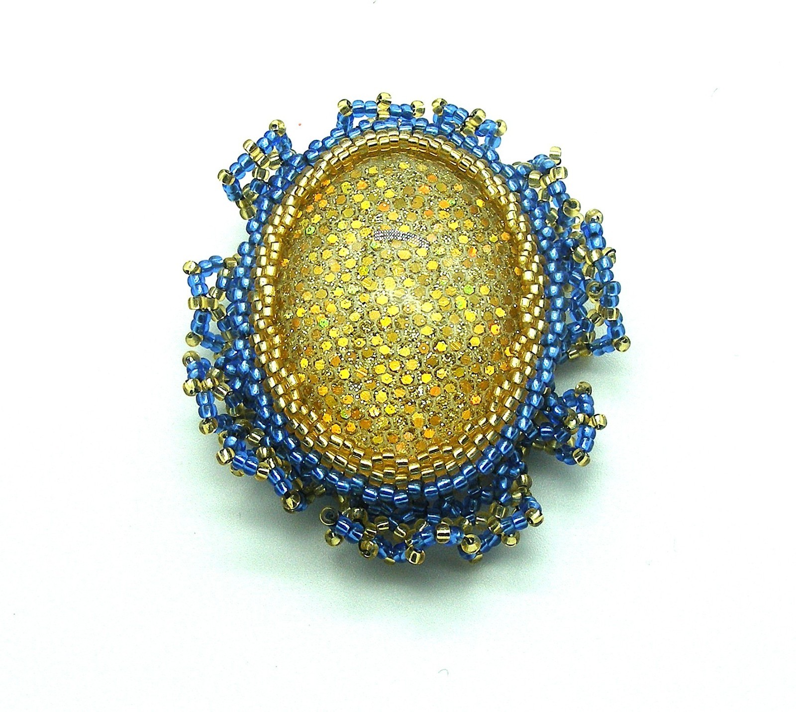 Luminous Center Stone, Blue and Gold Ruffle Brooch 2×2 1/4″ Handmade USA