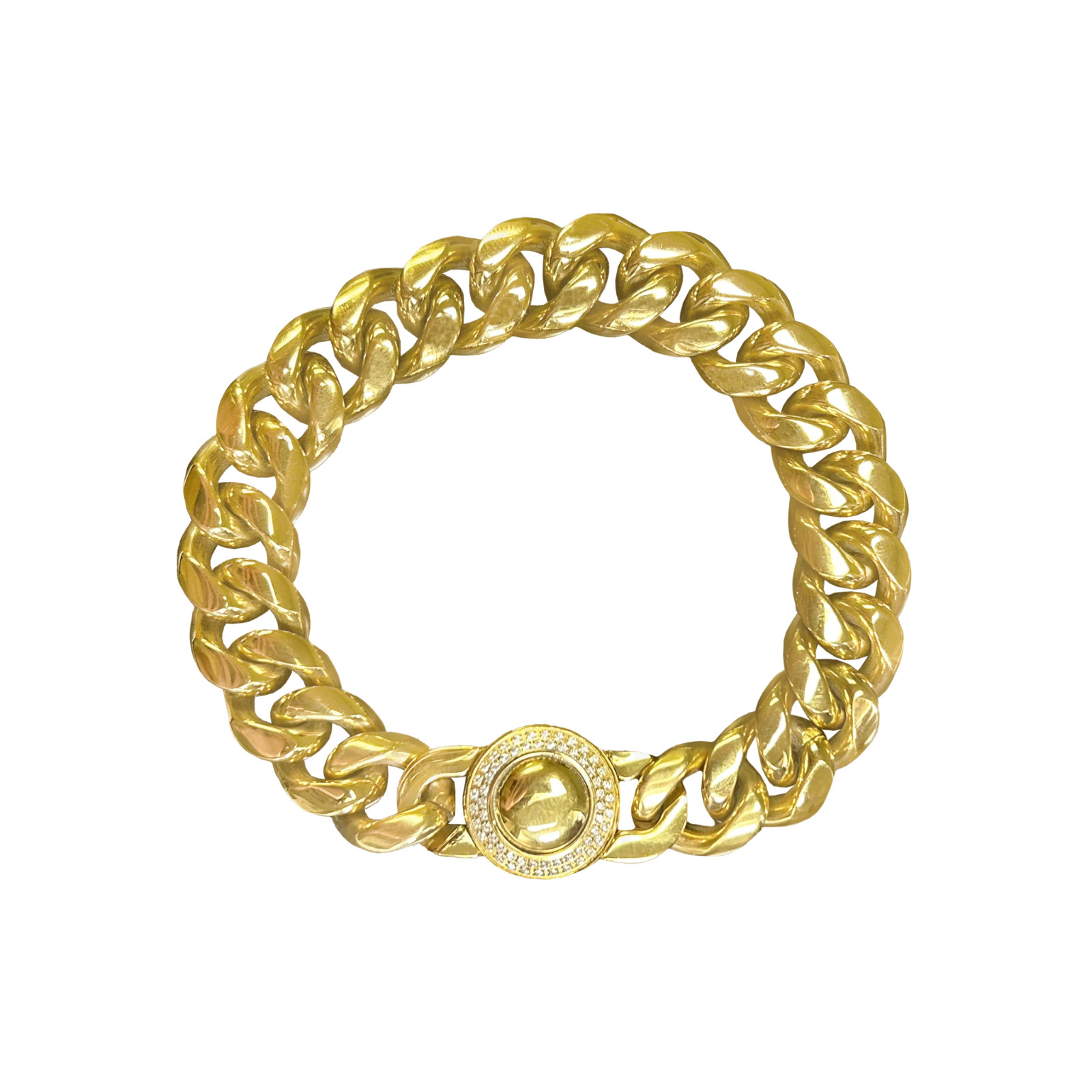 Gold Stainless Steel Cuban Link Bracelet with CZ Circular Buckle