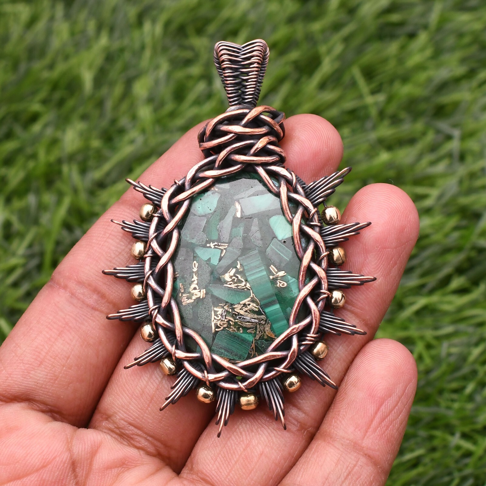 Copper Malachite Gemstone Copper Wire Wrap Handmade Jewelry Pendant 2.28″