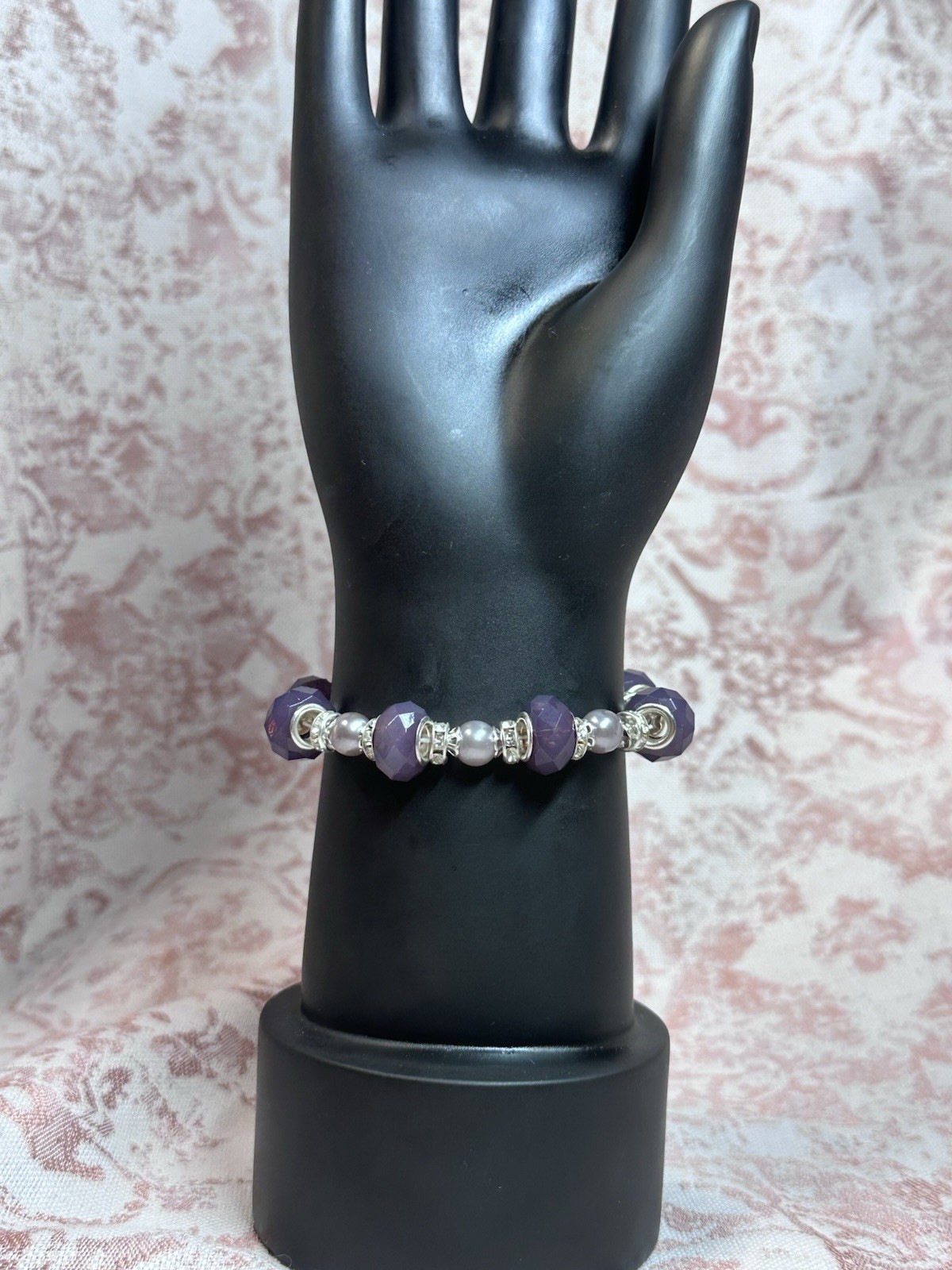 Purple Round Beaded Stretch Charm Bracelet with Silver Tone Spacer Beads