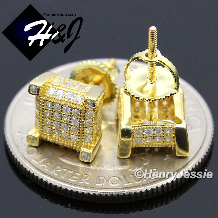 MEN 925 STERLING SILVER ICY CUBIC ZIRCONIA 3D GOLD PALTED 8MM STUD EARRING*GE128