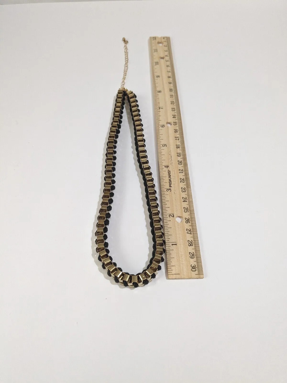 Gold Tone And Black Cord Braided Box Chain Necklace. Vintage. 16 Inch.