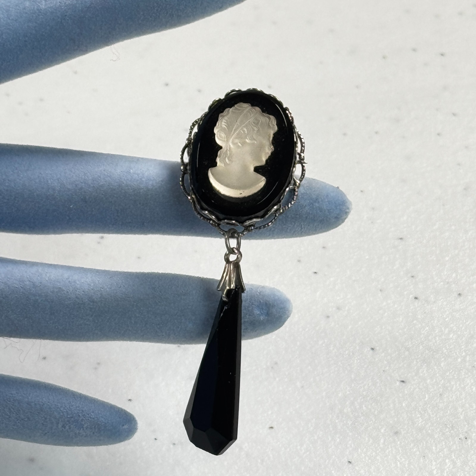 Vintage Cameo Brooch Pendant Black Glass Dangle Victorian Revival Silver Tone