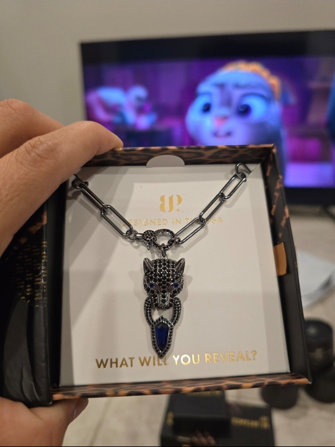 BP NK72951 Hematite Plated Blue Sapphire Jaguar Pendant Necklace 18in Adj
