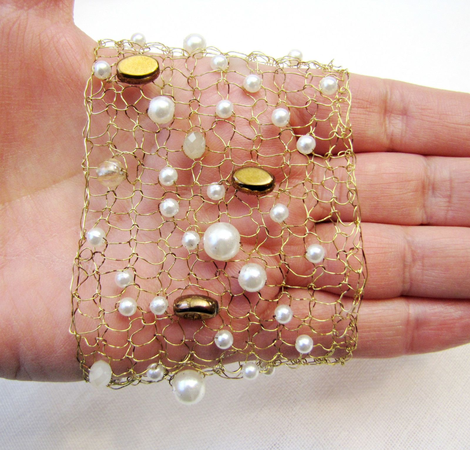 HAND KNITTED FROM GOLD WIRE AND FRENCH PEARLS WIDE BRACELET BANGLE