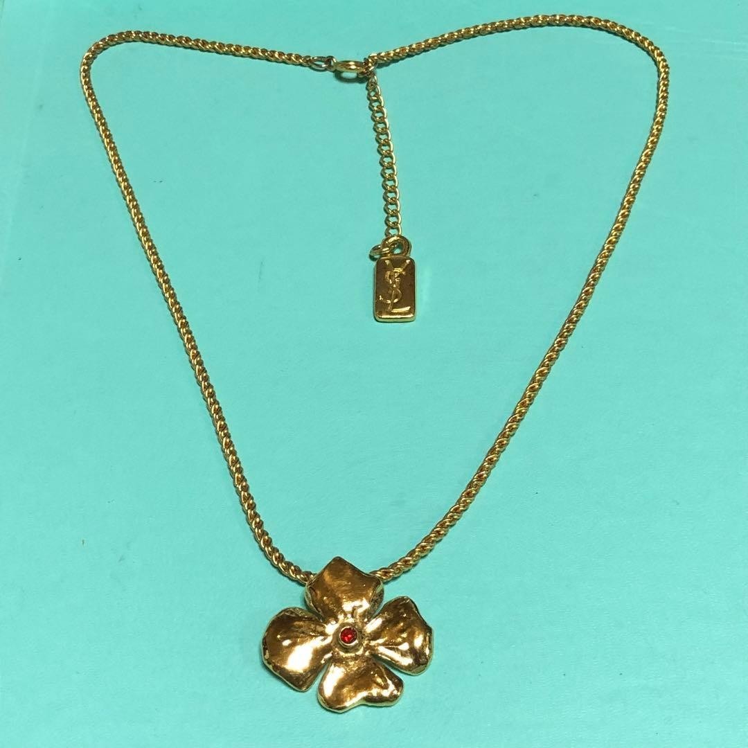 Yves Saint Laurent Flower Necklace Unused Vintage Red Crystal Pendant