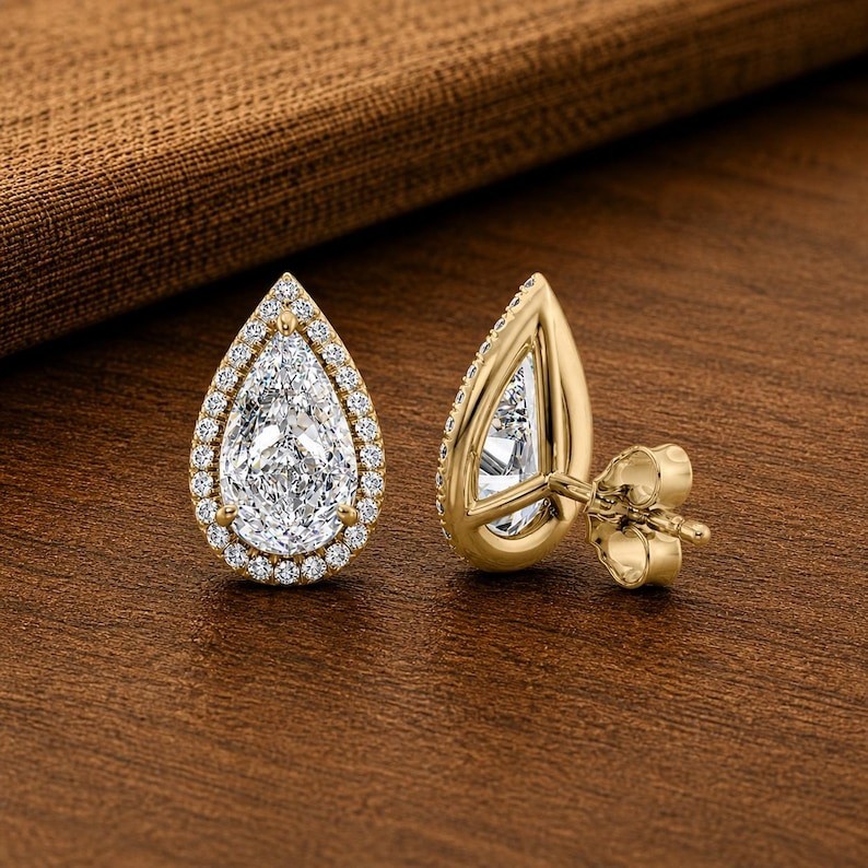 2 CT Pear Cut Moissanite Halo 14K Yellow Gold Solitaire Handmade Stud Earrings