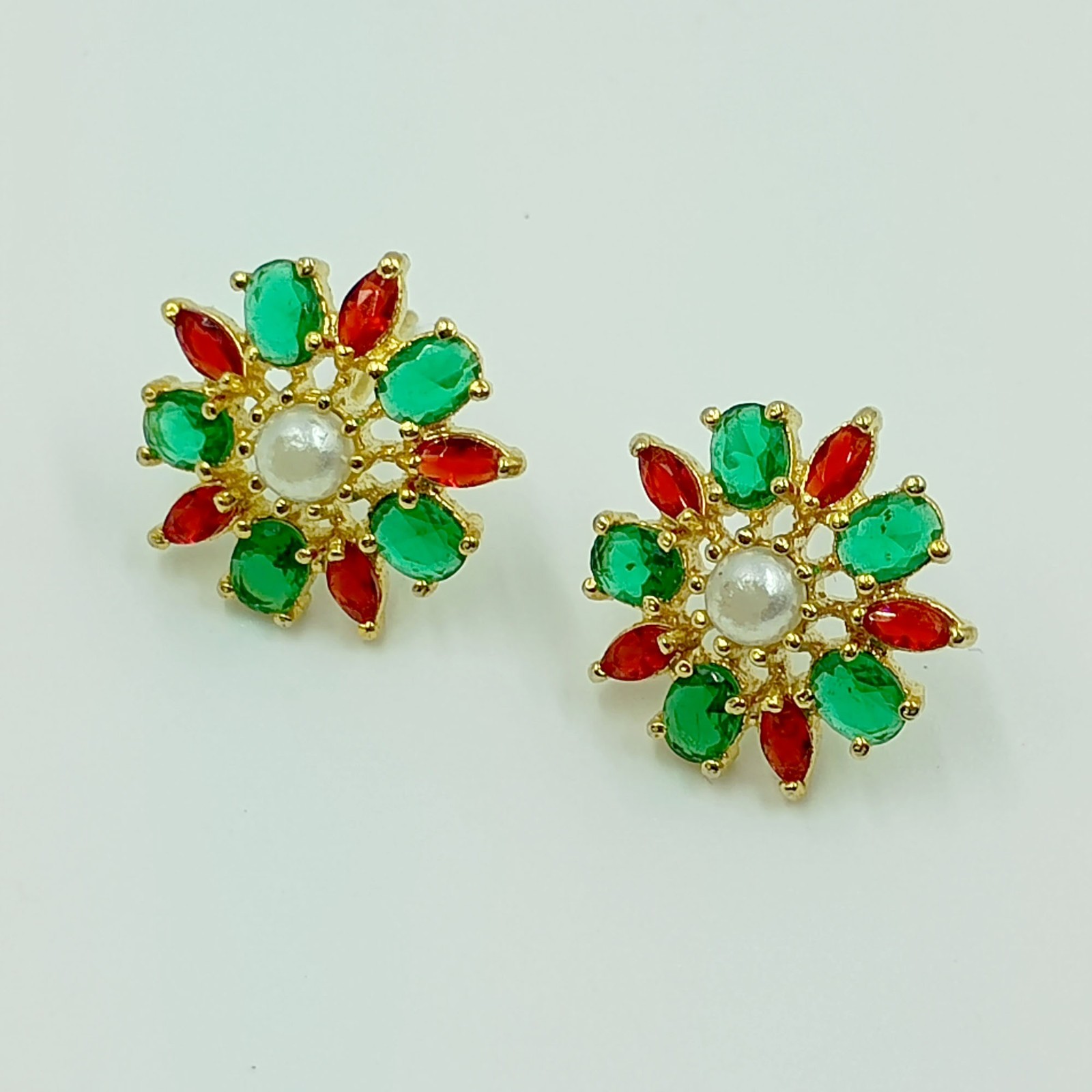Elegant Ruby Emerald Pearl Stud Earrings 22k Gold Plated Indian Ethnic Jewelry