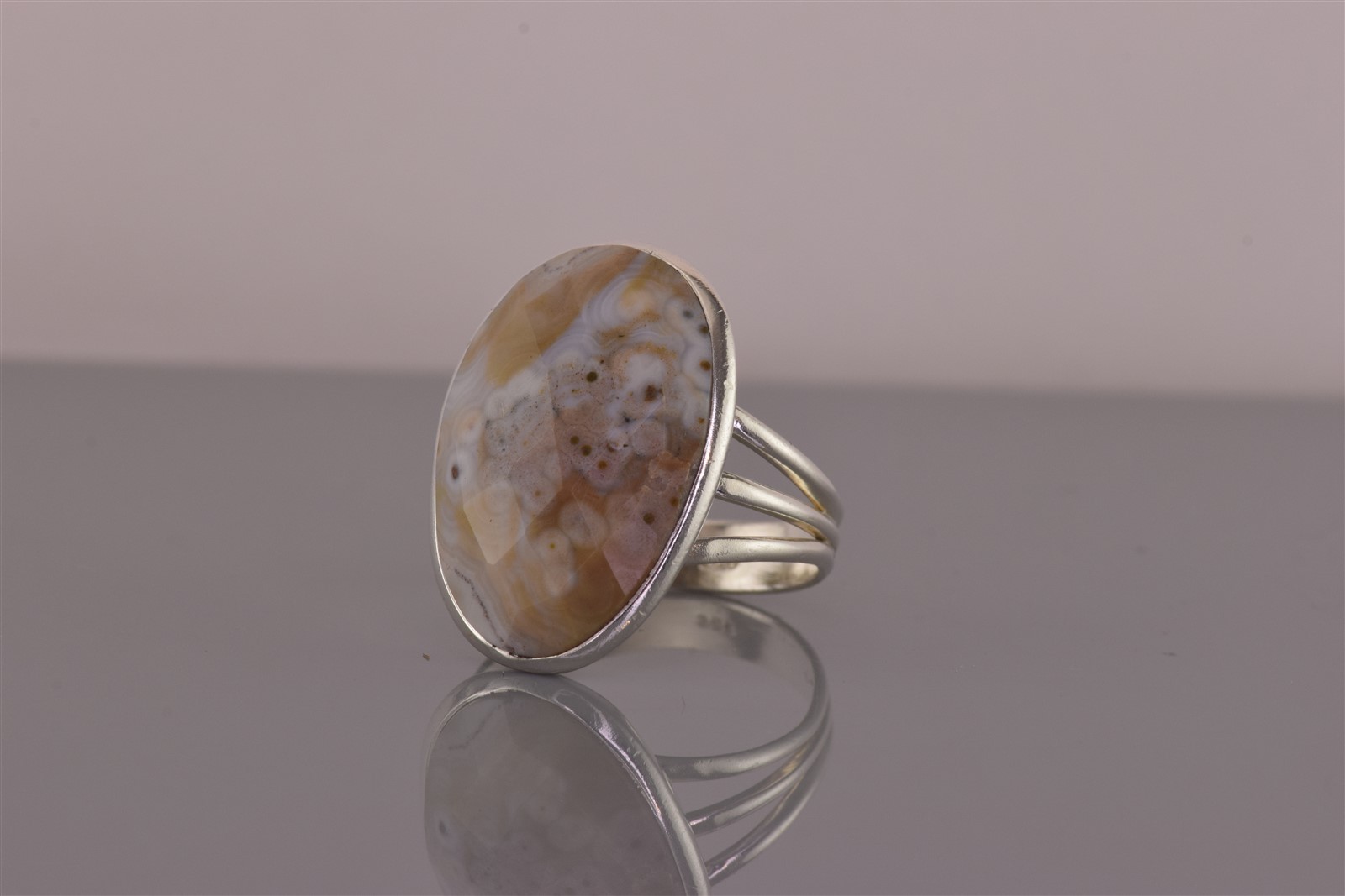 Sterling Silver 25mm Oval Faceted Brown Agate Triple Band Ring 925 Sz: 8