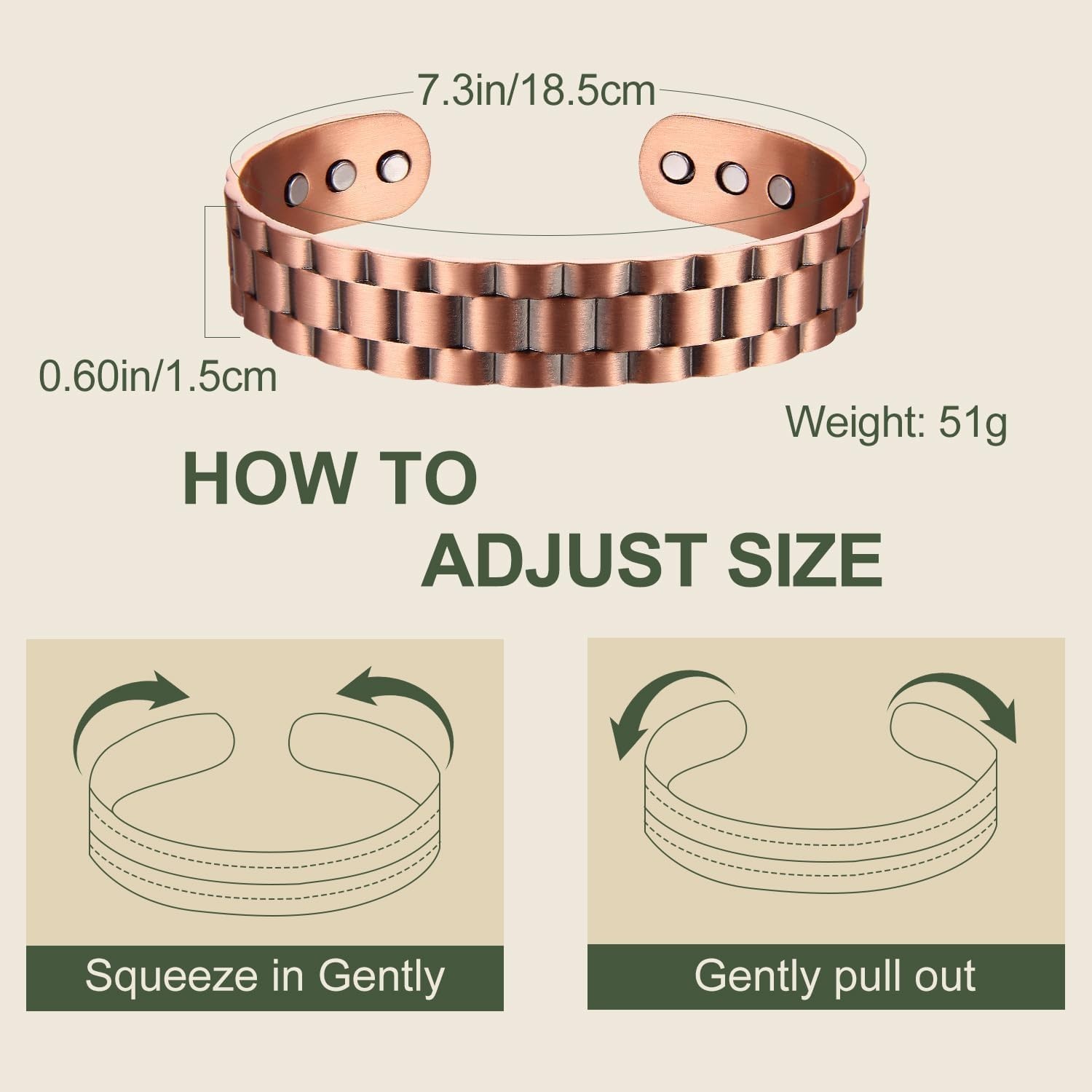 Pulsera de Cobre para Hombres Pulsera de Cobre Puro 99.9% 6 Imanes de 3500 Gauss