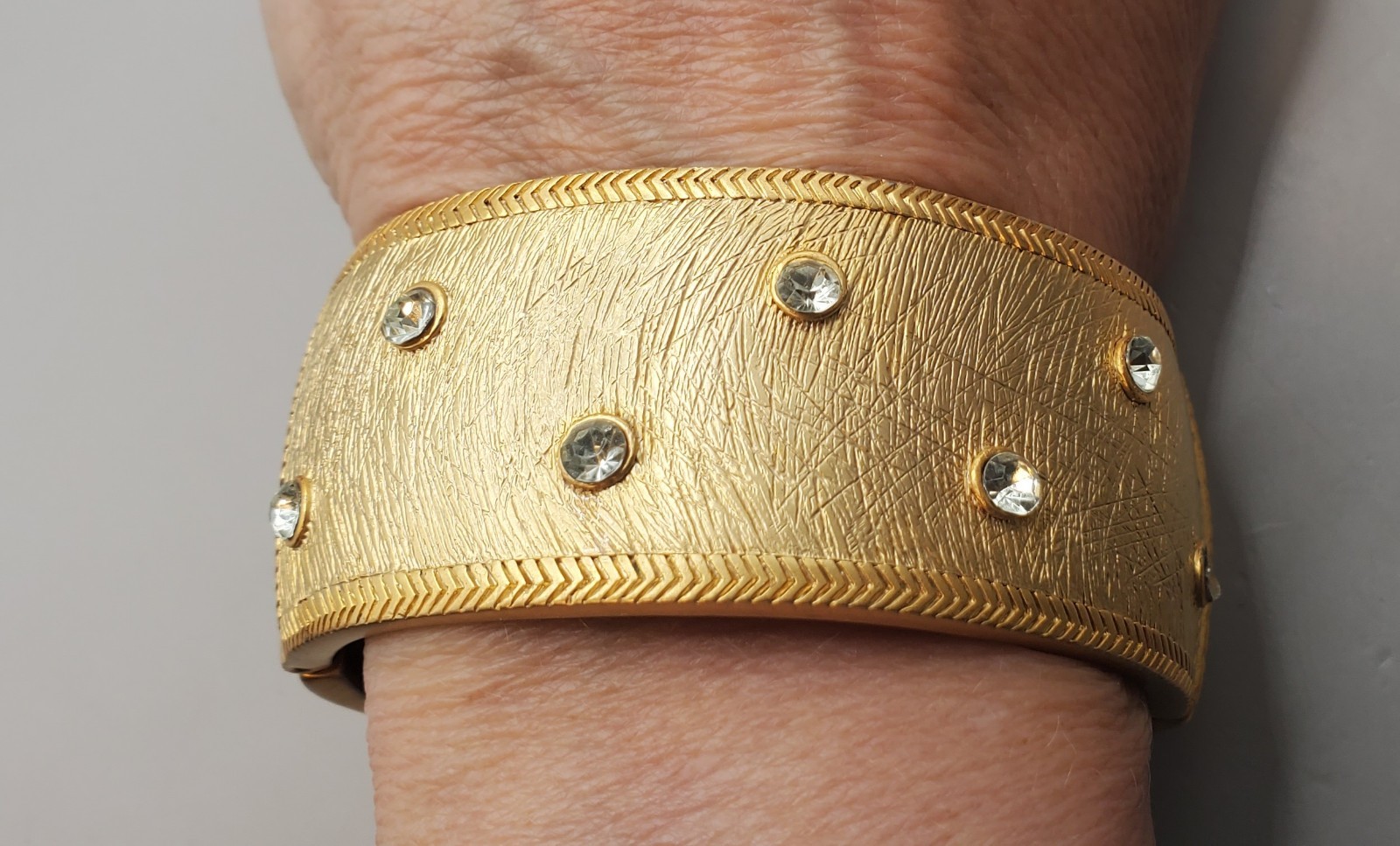 2 Gold Tone Hinged Bracelets: Red Blue Green Rhinestones, CZ Wide Brushed Finish