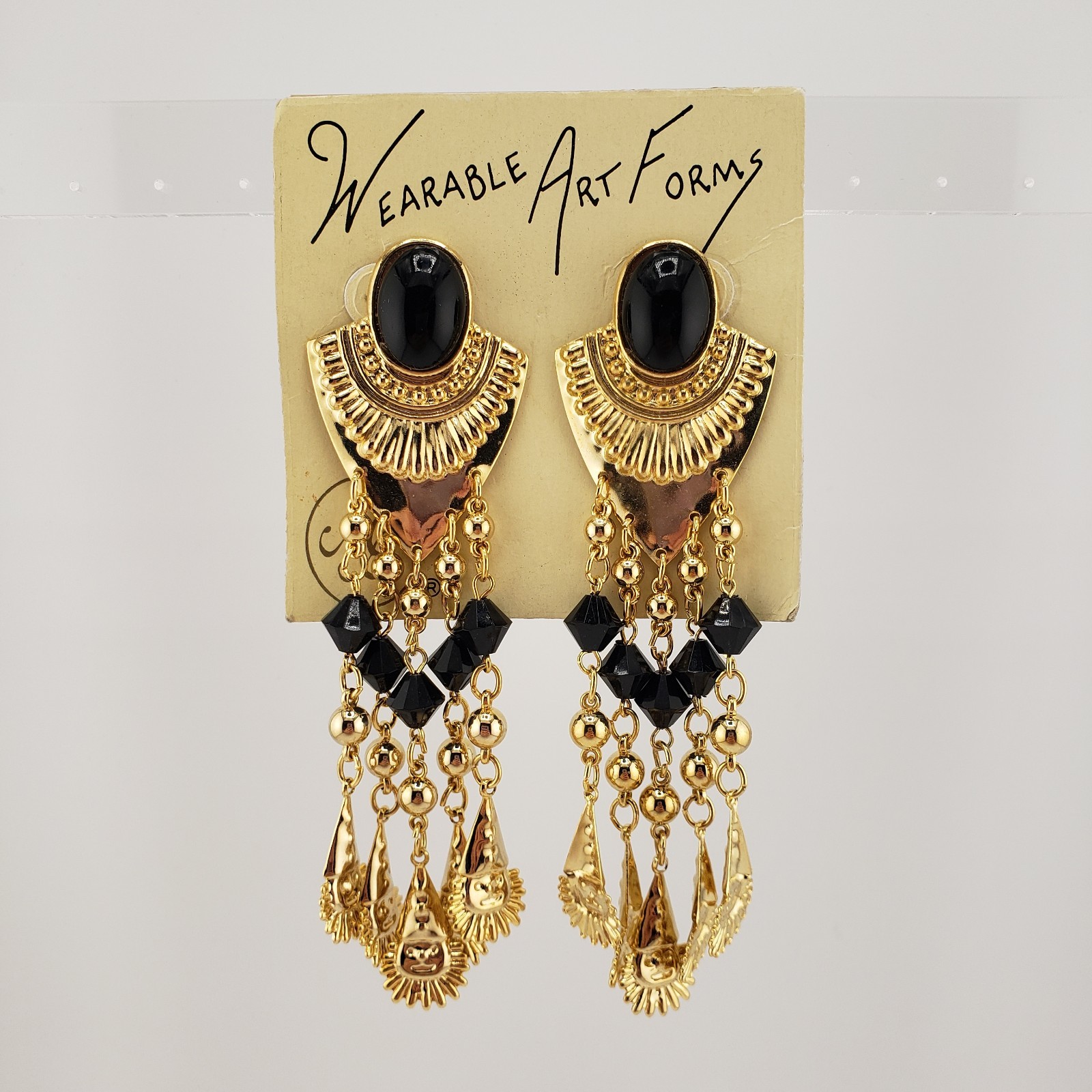 Wearable Art Form Earrings Chandelier Black Gold Tone Glamorous Clown Whimsy VTG