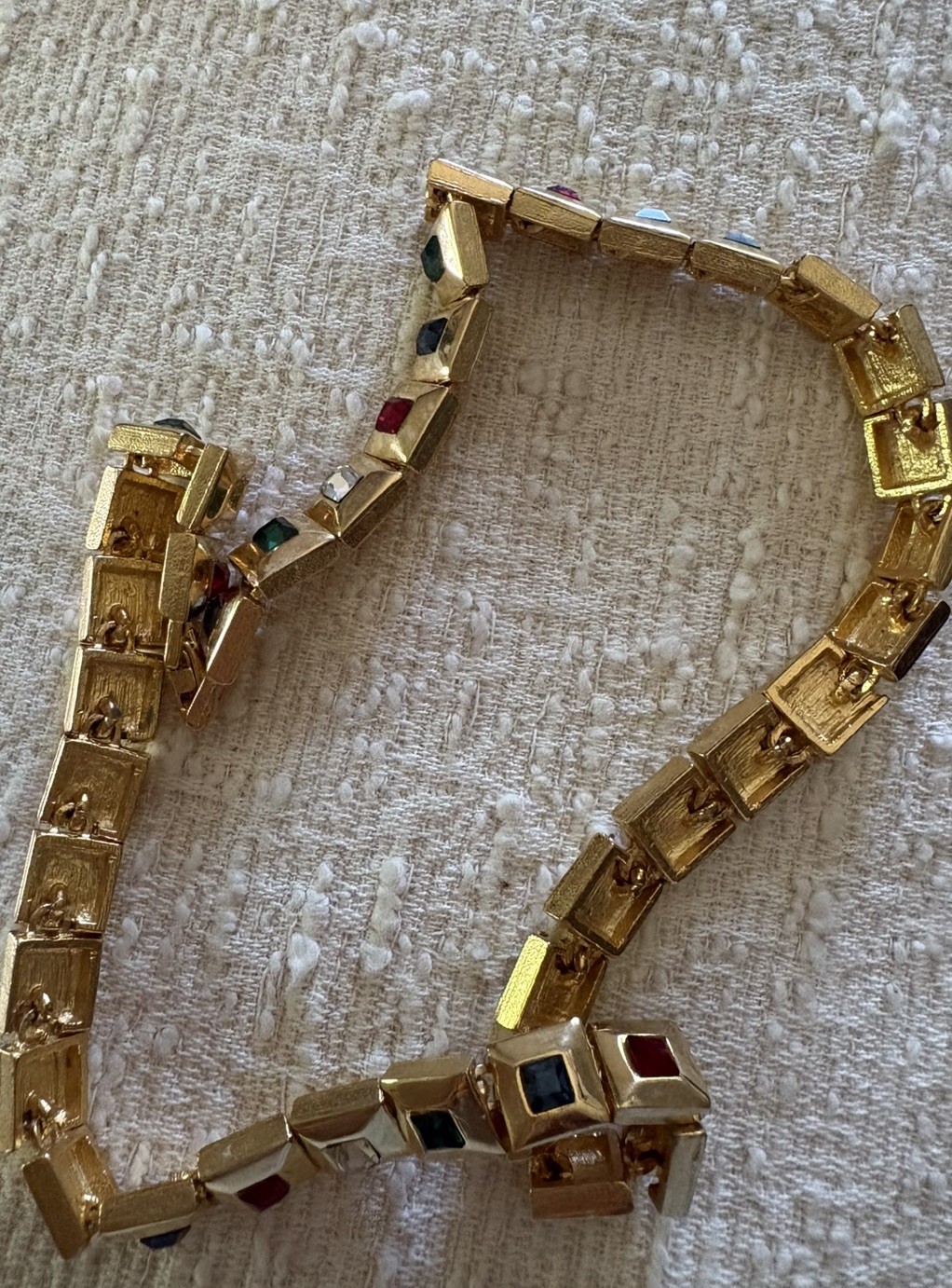 Colorful Squares of Rhinestones Set in Gold Toned Necklace