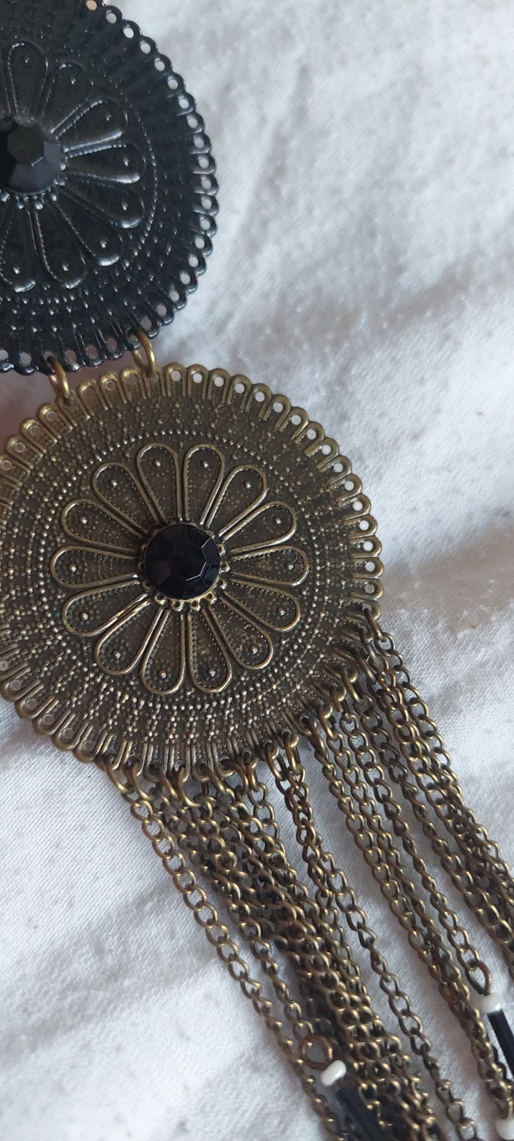 Vintage Gold Black Filigree Disc Medallion Tassel Boho Dreamcatcher Necklace XL