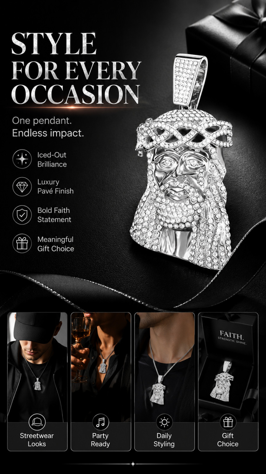 Iced Out Jesus Pendant Necklace Charm, Luxury Silver Tone Faith Inspired Hip Hop