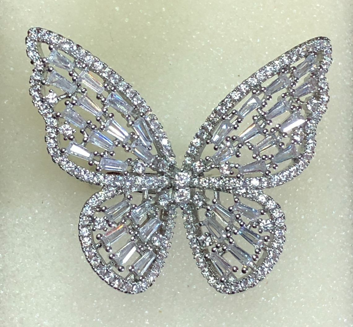CZ Simulated Diamond Butterfly Statement Ring Silver Tone Rhodium Sz 6.2 6g 4208