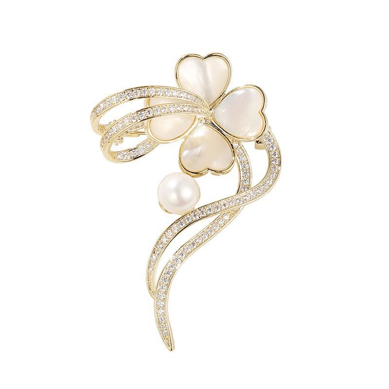 Fashionable Charming Flower Bouquet Clear Zircon Crystal Pearl Woman Brooch Pin