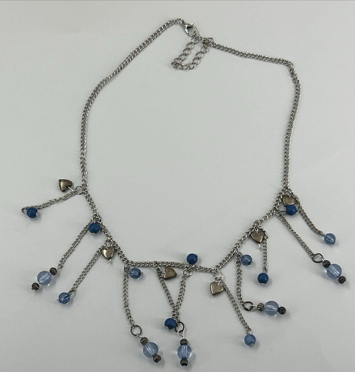 Silver Tone Blue Chandelier Choker Necklace Womens Bib Fringe Hearts Chain 17-19