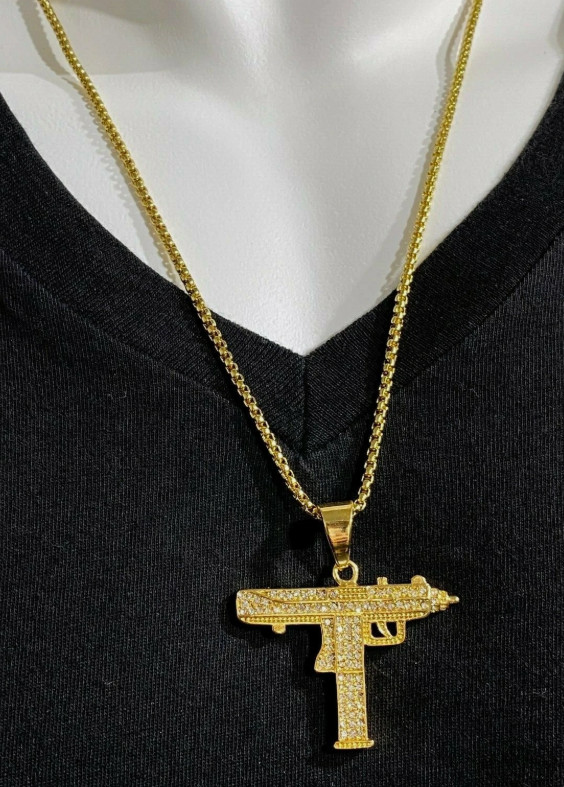 New Gold Tone UZI Machine Gun Steel Revolver Necklace Chain Out