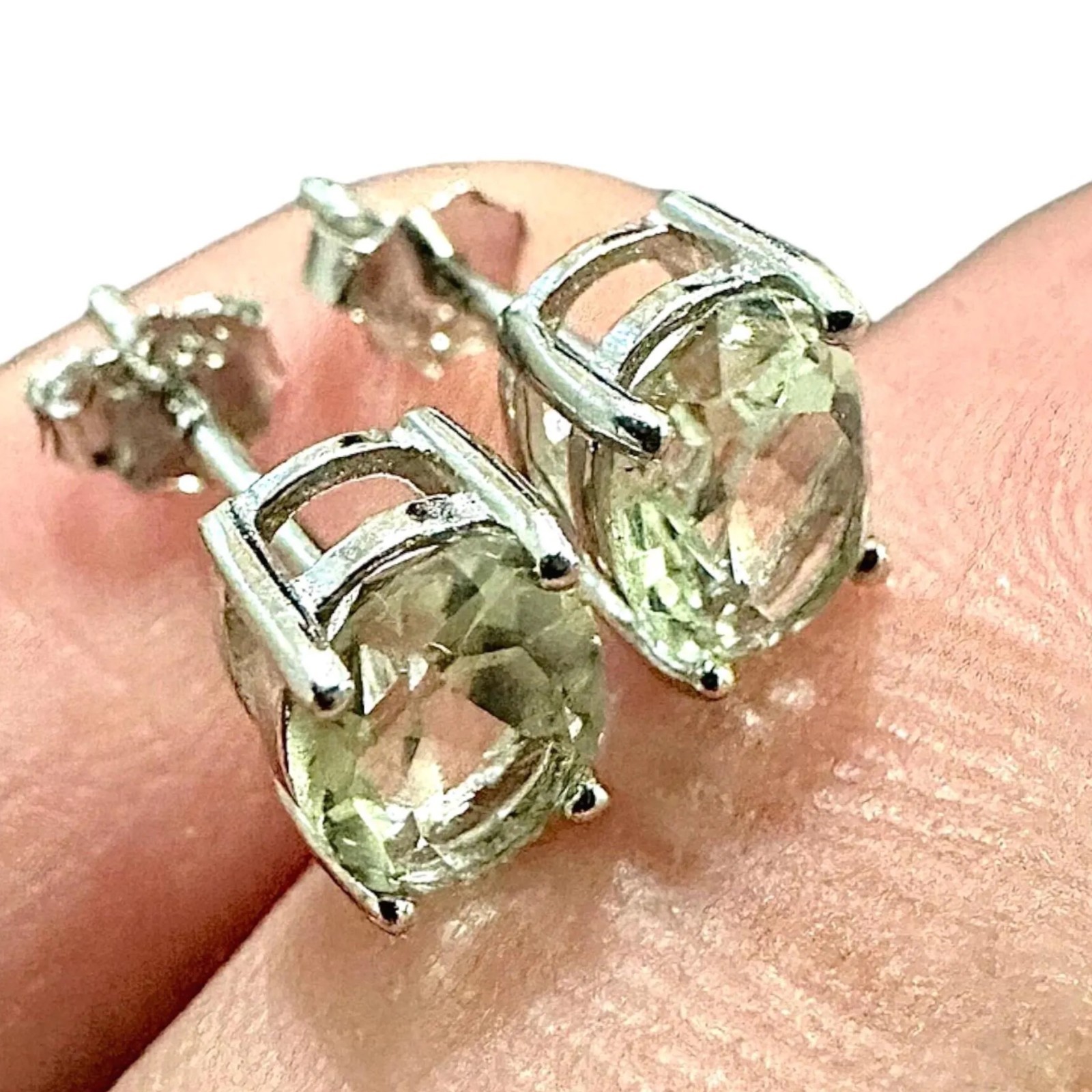 Green Amethyst Stud Earrings Sterling Silver 925 Created oval 6MM Stud for Women