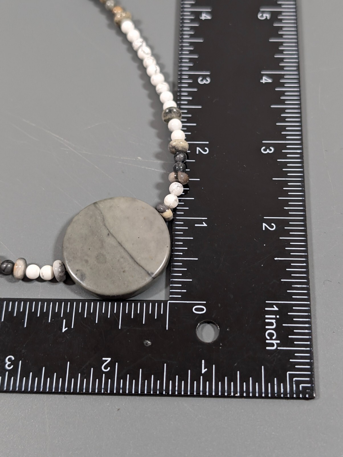 Boho White Gray Marble Stone Round Disc Bead Toggle Necklace Coastal Beach 18 in