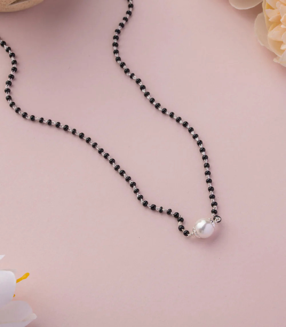 16″to30″925 sterling silver black beaded chain and pearl ball mangalsutra ms135