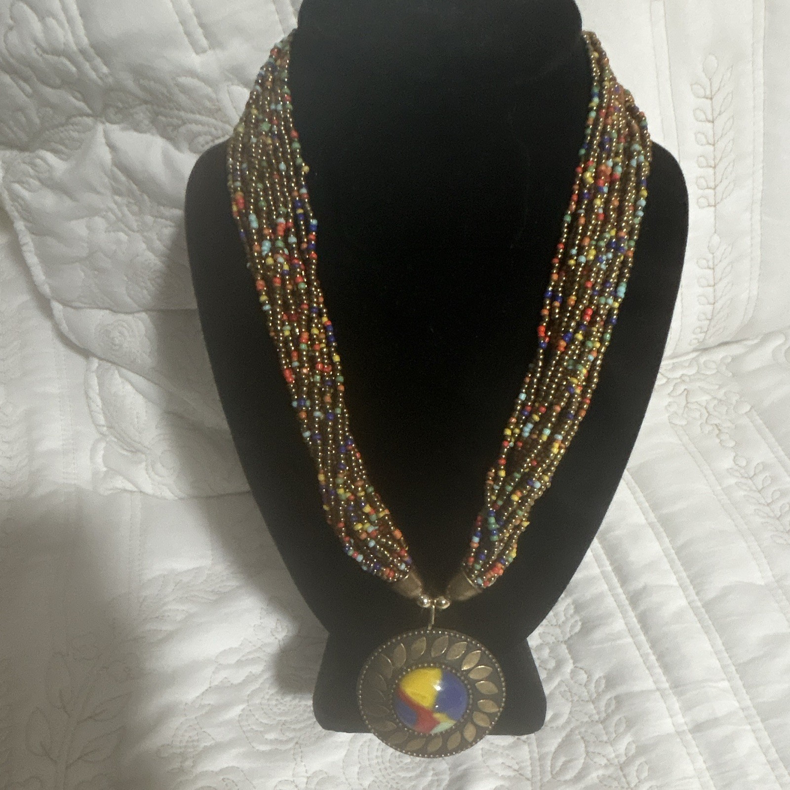 Multi-Strand Multicolor Seed Bead Statement Necklace Round Disc Pendant Boho