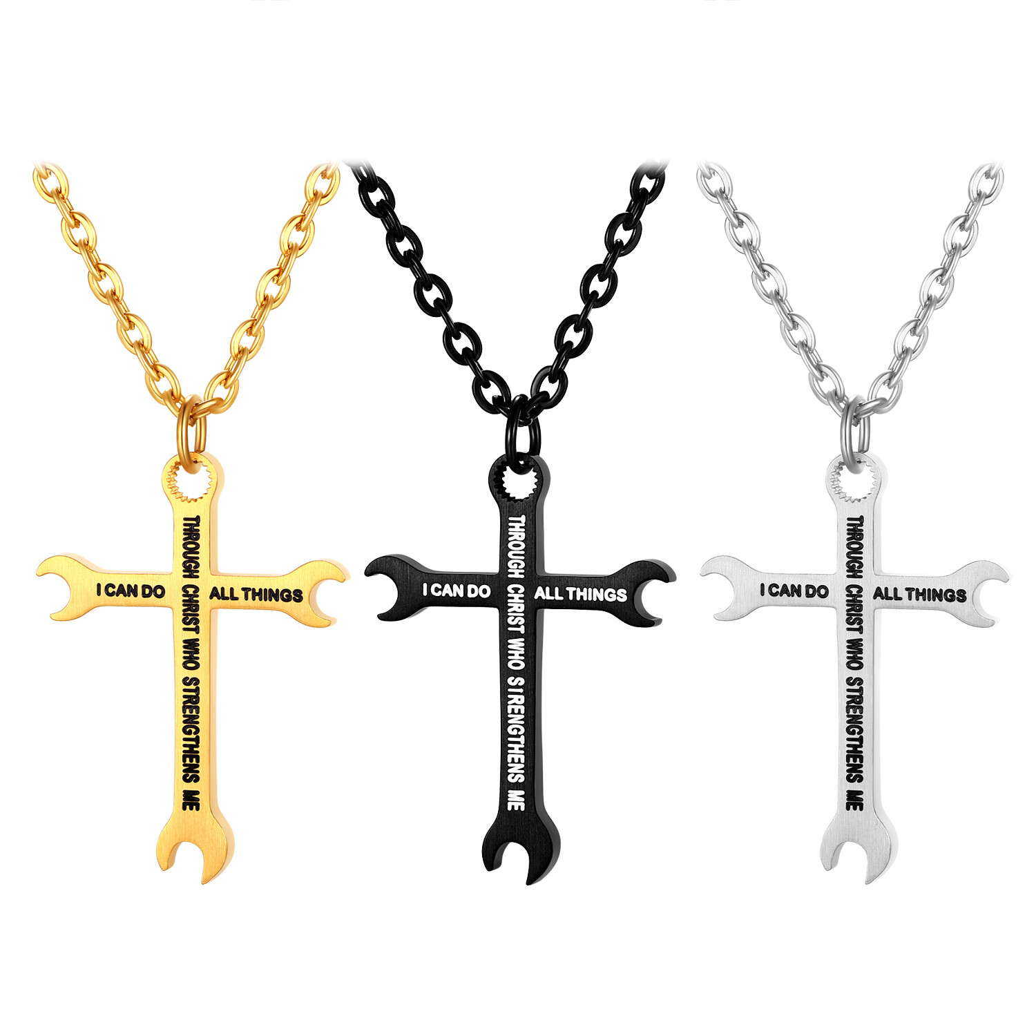 Men’s Wrench Tool I CAN DO ALL THINGS Inspirational Pendant Necklace for Dad Son