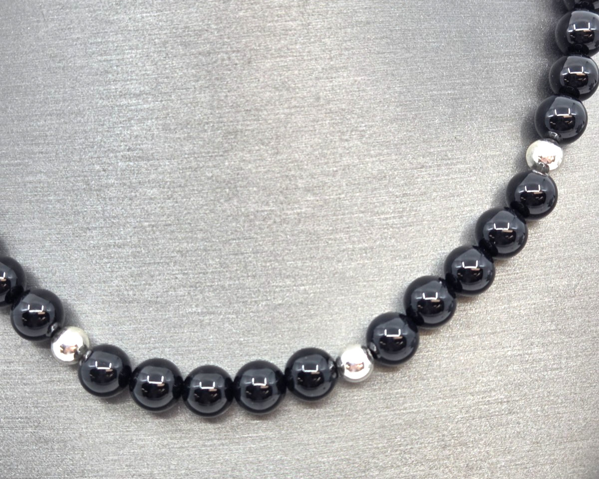 Black Onyx 8.5 mm and 925 sterling silver Beaded Ball Chain Necklace 18 inch
