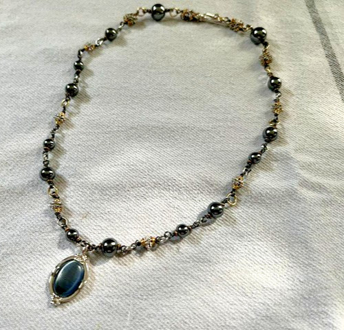 HEMATITE GRAY BEAD NECKLACE WITH SILVER/GOLD TONED SPACERS AND CABACHON PENDANT