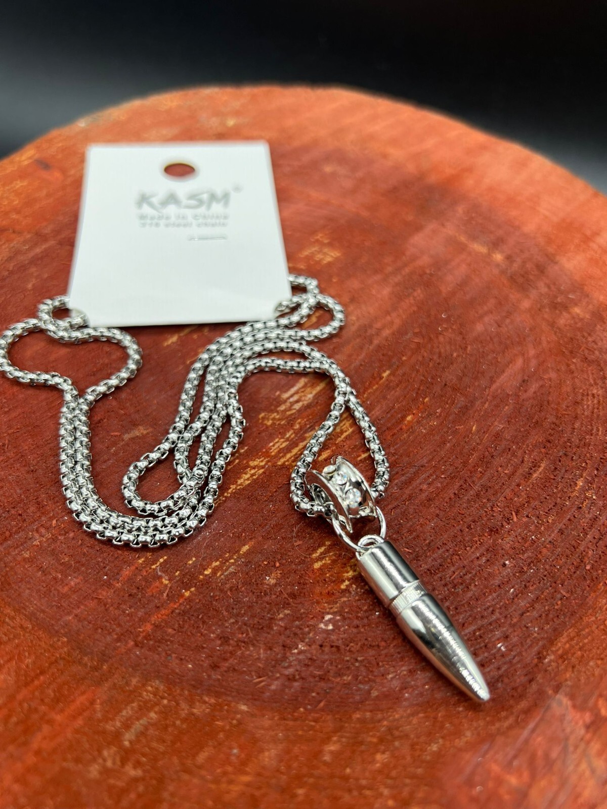 Stainless Steel Bullet Pendant Necklace 28” With Artificial Gemstone Inlay