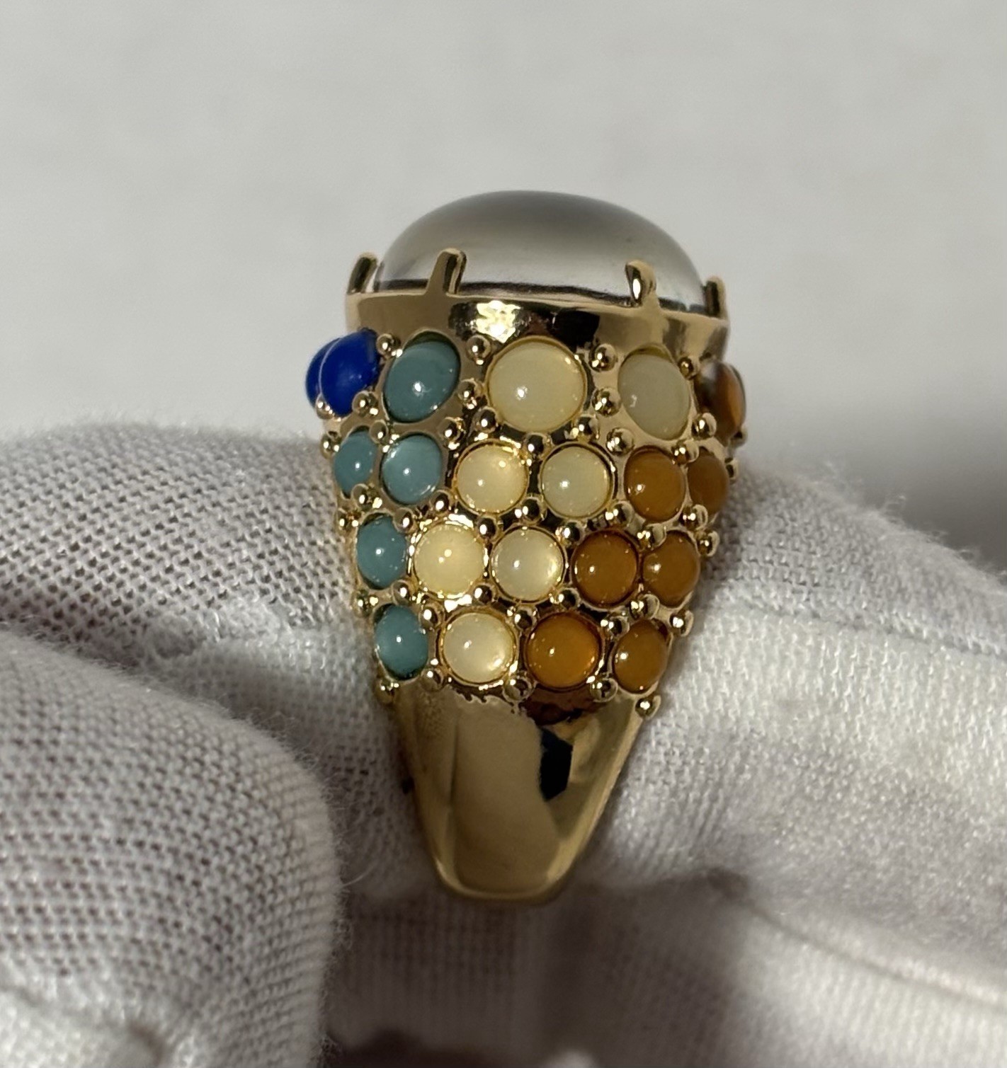 Statement Gold Tone Multicolor Cabochon Ring Size 8 Blue Stone New Box