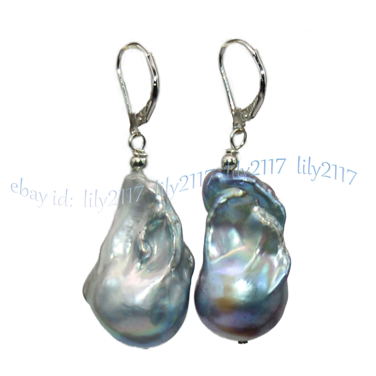 16-29MM NATURAL SILVER GRAY BAROQUE KESHI PEARL DANGLE 14K WHITE GOLD EARRINGS