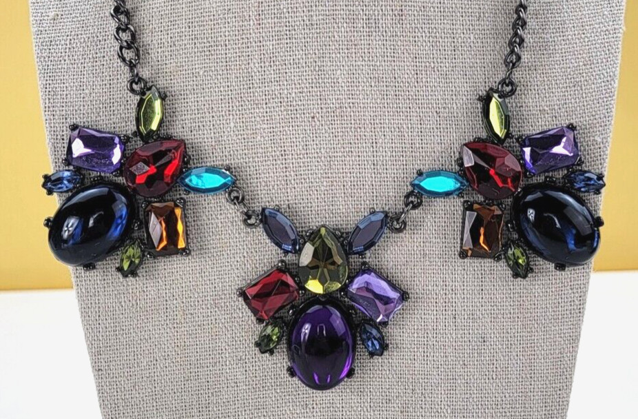 Multi Color Acrylic Faux-Gem Cabochon Statement Collar Necklace 20.5 in Gunmetal