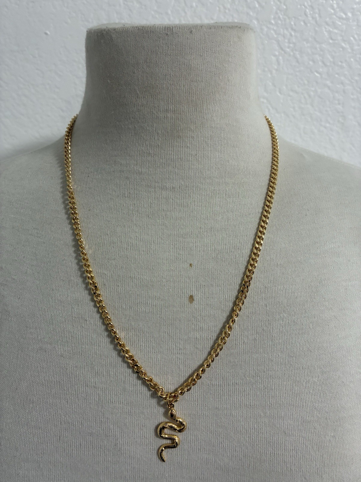 Gold 18K Tone Curb Link Chain Necklace with Snake Charm Pendant