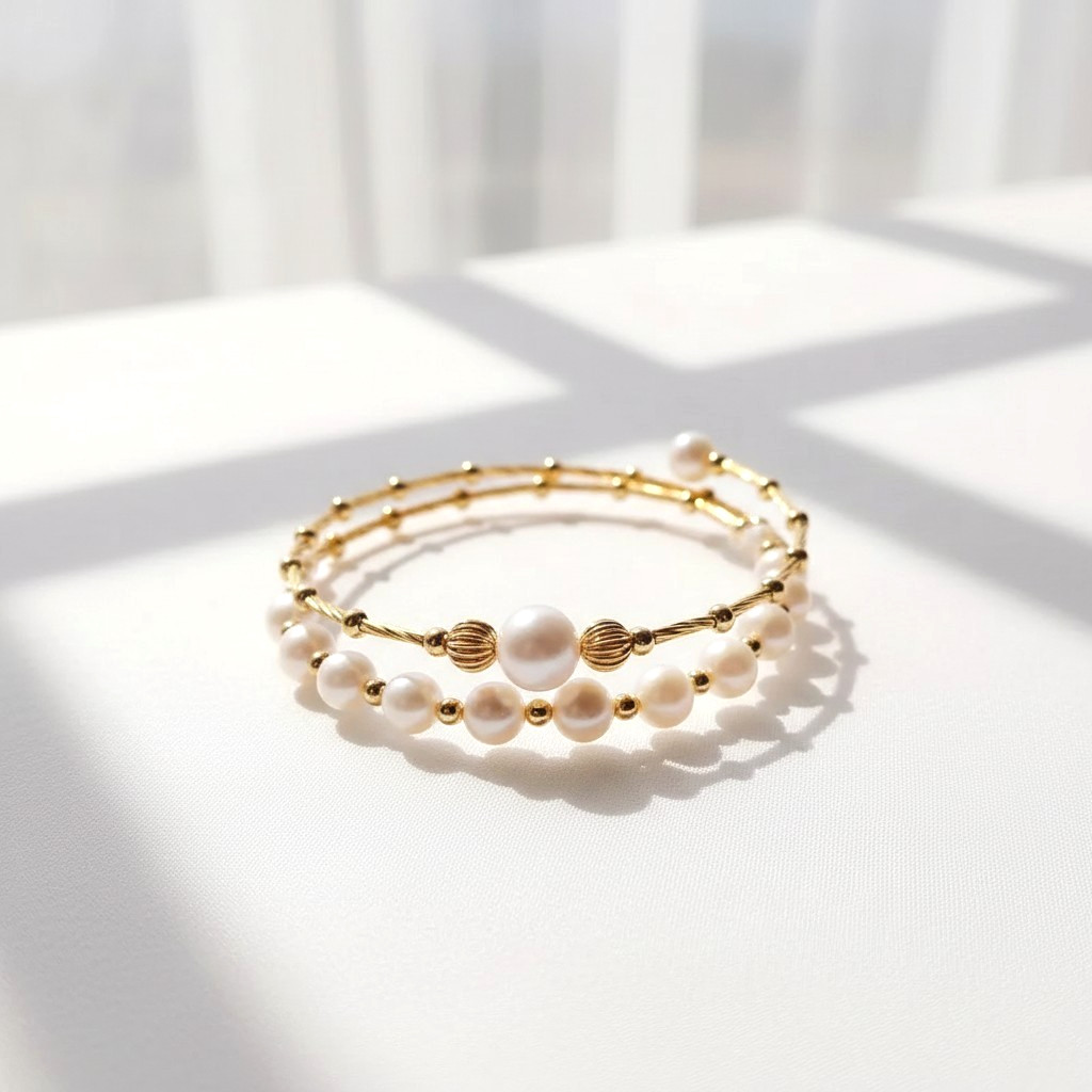 Double Layer Freshwater Pearl Bracelet 6mm 8mm Gold Plated Adjustable Elegant