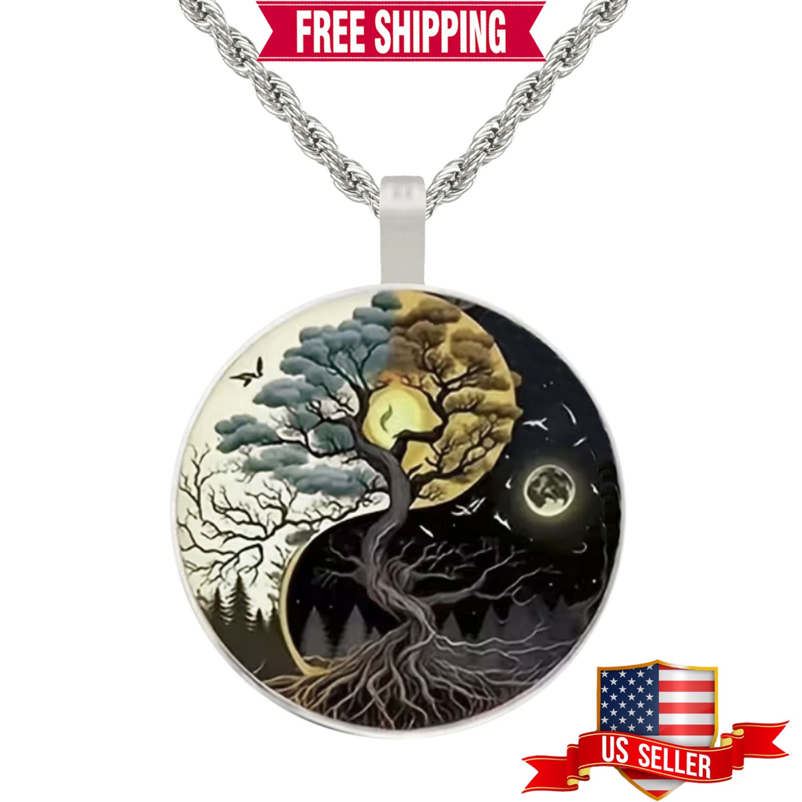 Intricate Yin Yang Tree of Life Boho Pendant, Stainless Steel Rope Chain, 20″