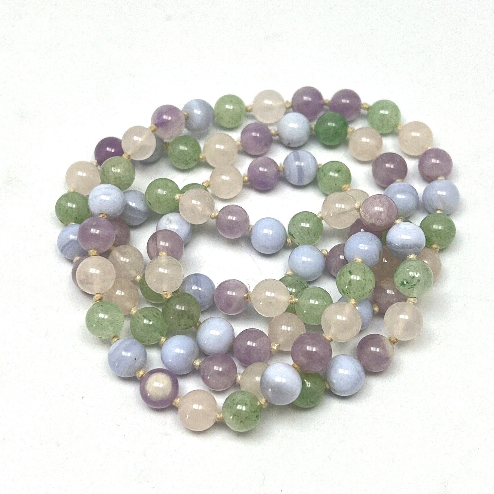 Womens Beaded Necklace Knotted Amethyst Agate Rose Quartz Jade 31in