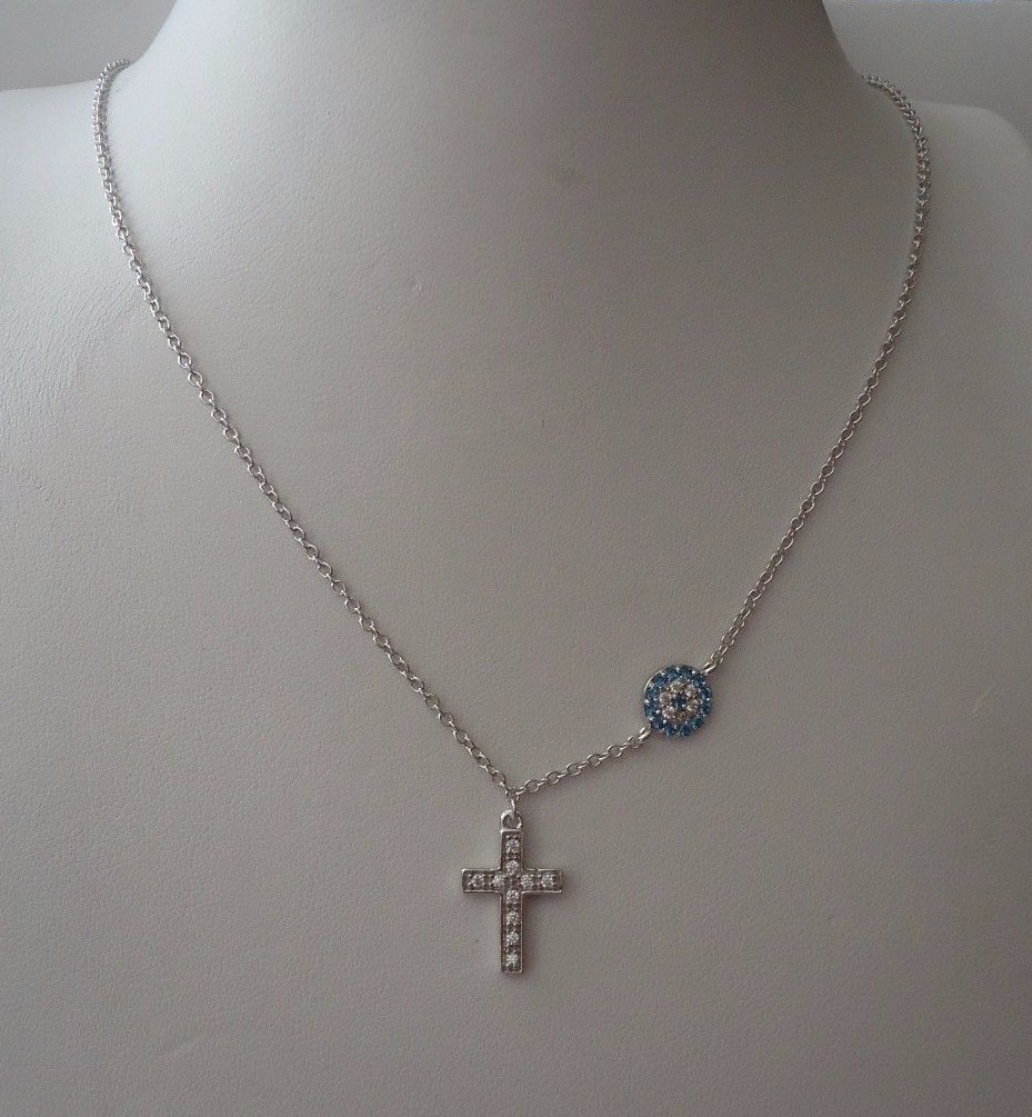 CROSS PENDANT NECKLACE W/ .75 CT WHT/ BLUE LAB DIAMONDS / 925 STERLING SILVER