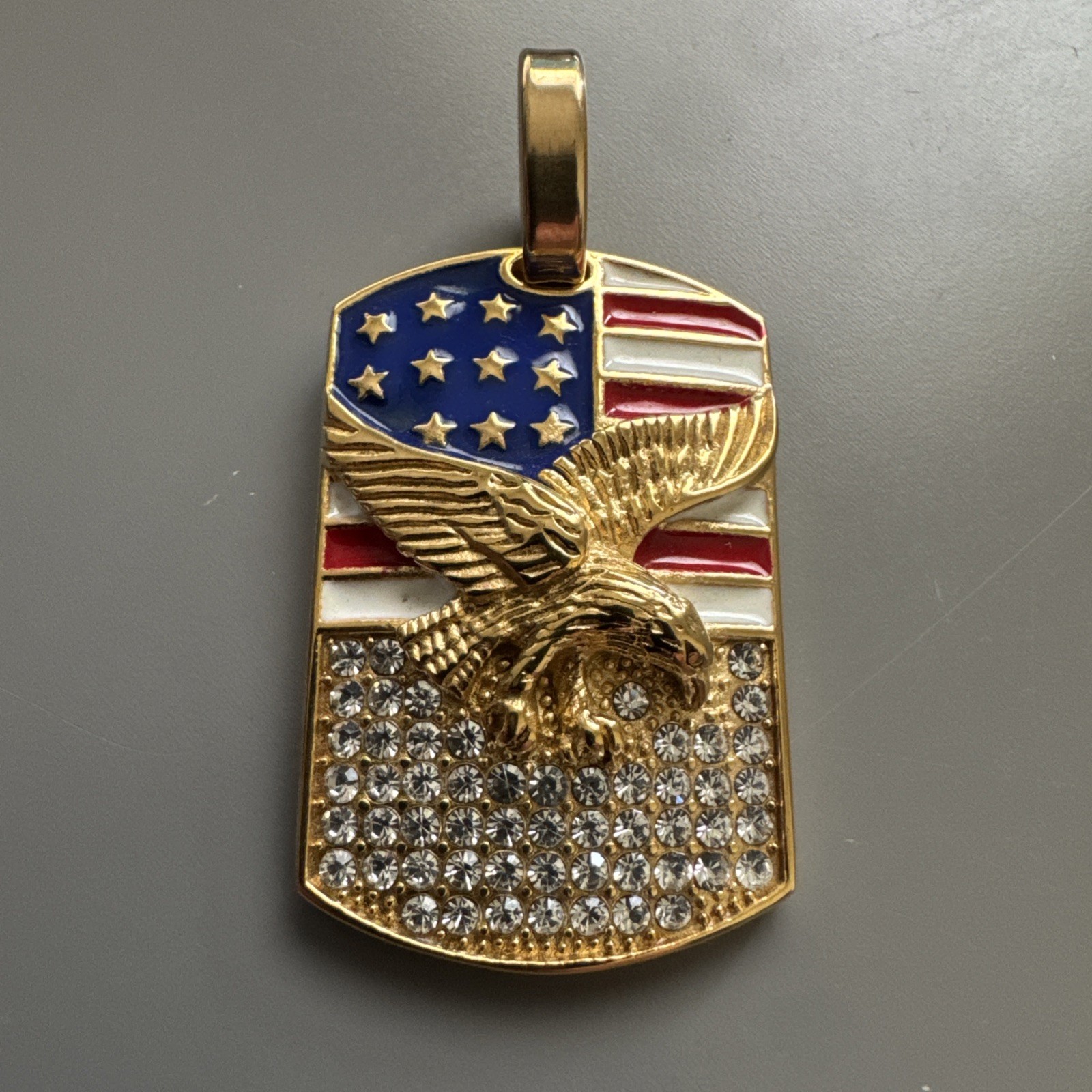 U.S.A America Flag Pendant Cubic Zirconia Stainless Steel 24” Chain Eagle Gold