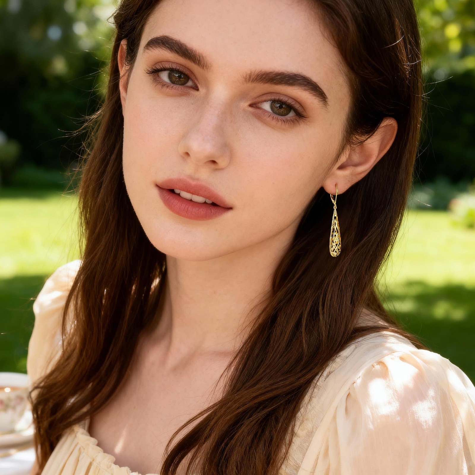 Gold Long Filigree Teardrop Dangle Earrings for Women