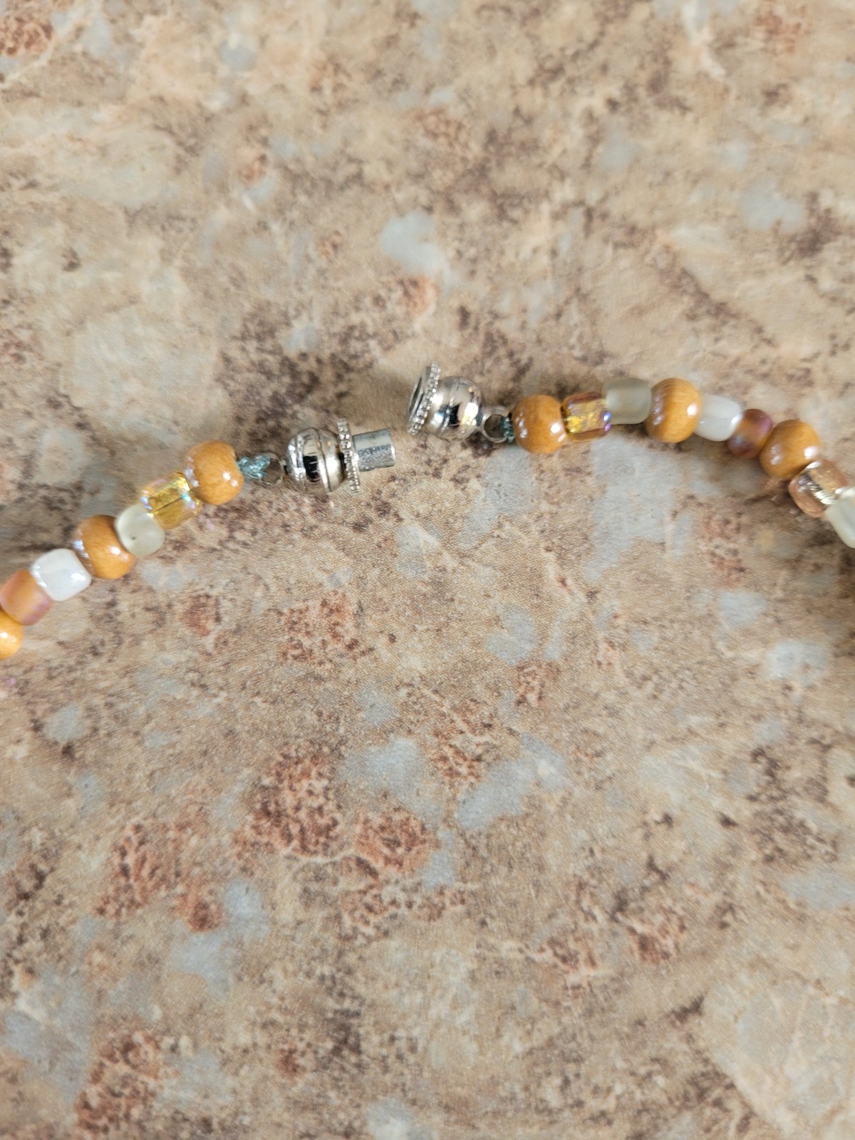 Handmade Tan & White Beaded Chain Wood Cross Pendant, Bangle Bracelet, Earrings